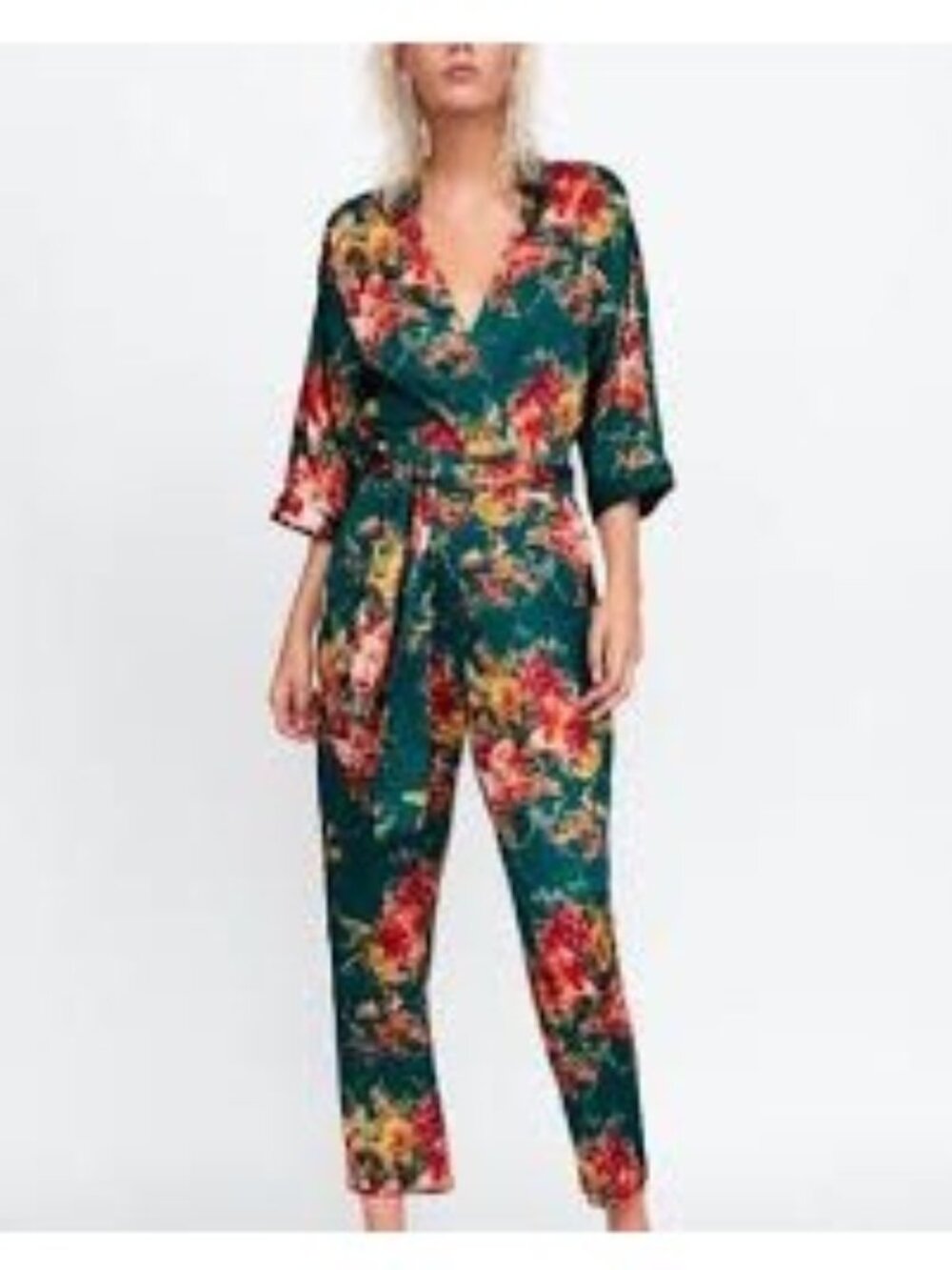 Zara Floral Wrap Jumpsuit With Belt 3/4 Sleeves Teal